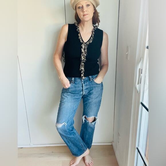 Vintage Ruffle Trim Ribbed Tank Top Black & Animal Print Detail Y2K Glam - Picture 8 of 9